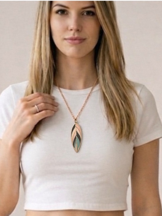 Jewelry - Leaf Enamel Pendant Gold Tone Green Pink Geometric Botanical